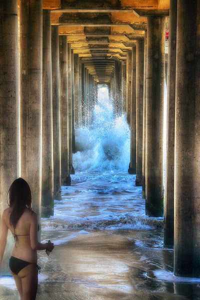 Bikini, Lifeguard and Pier, Huntington Beach, CA Standard Art Print