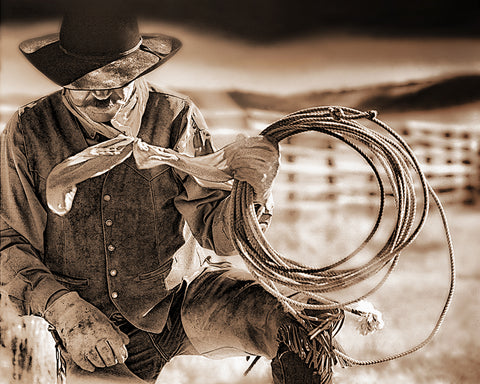 Cowboy and Rope Sepia Metal Print