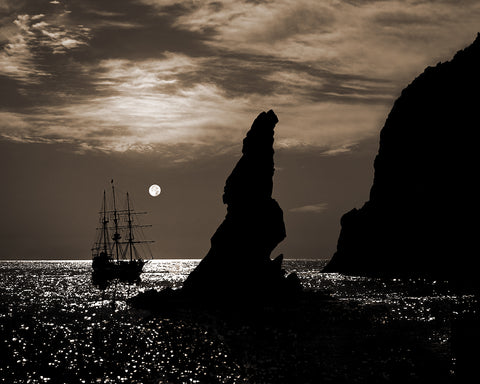 Tall Ship and Full Moon Sepia, Lands End, Cabo San Lucas, Baja California