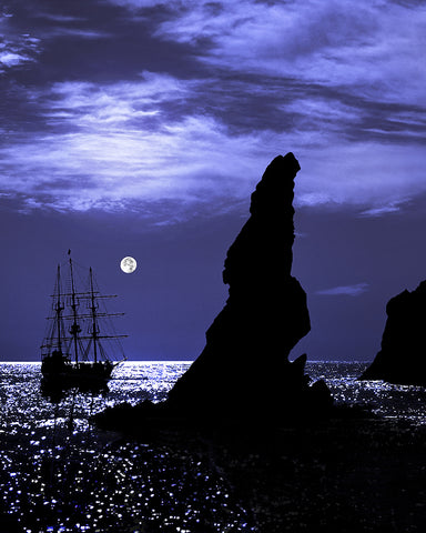 Tall Ship and Full Moon Vertical, Lands End, Cabo San Lucas, Baja California